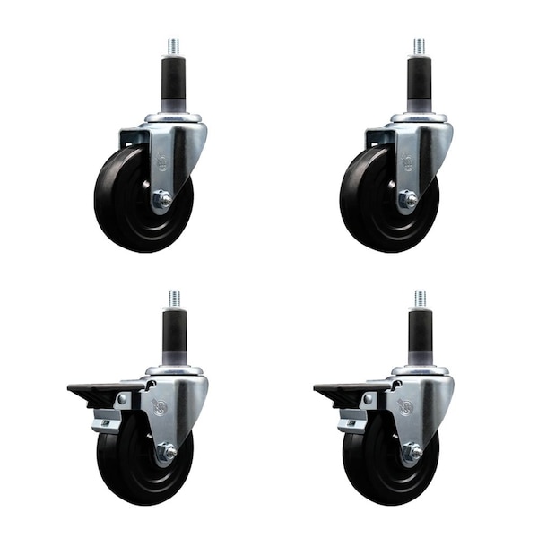 4'' Hard Rubber Wheel Swivel 1-1/8'' Expand Stem Caster Set 2 Brakes, 4PK